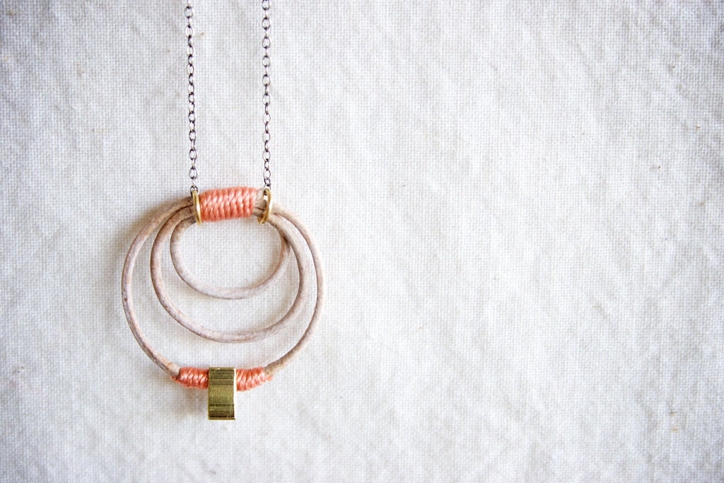 SALE Leather & Brass necklace with Sterling SIlver chain - Coral Peach - Doppler