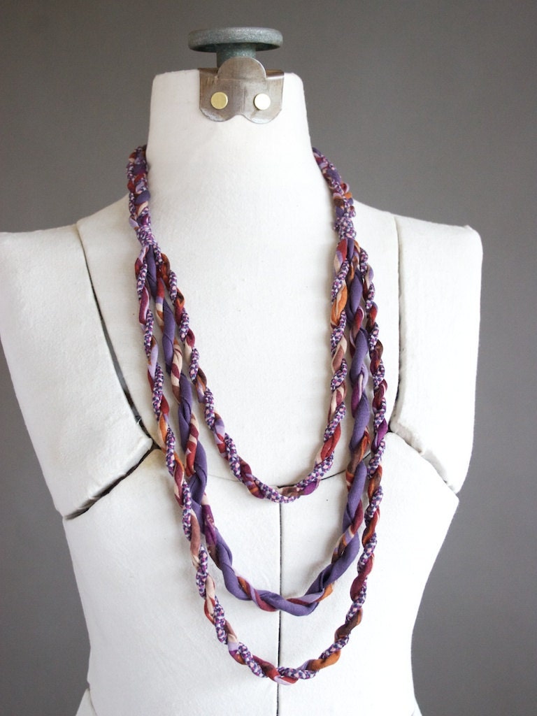 3 strands braided fabric necklace - purple and rust