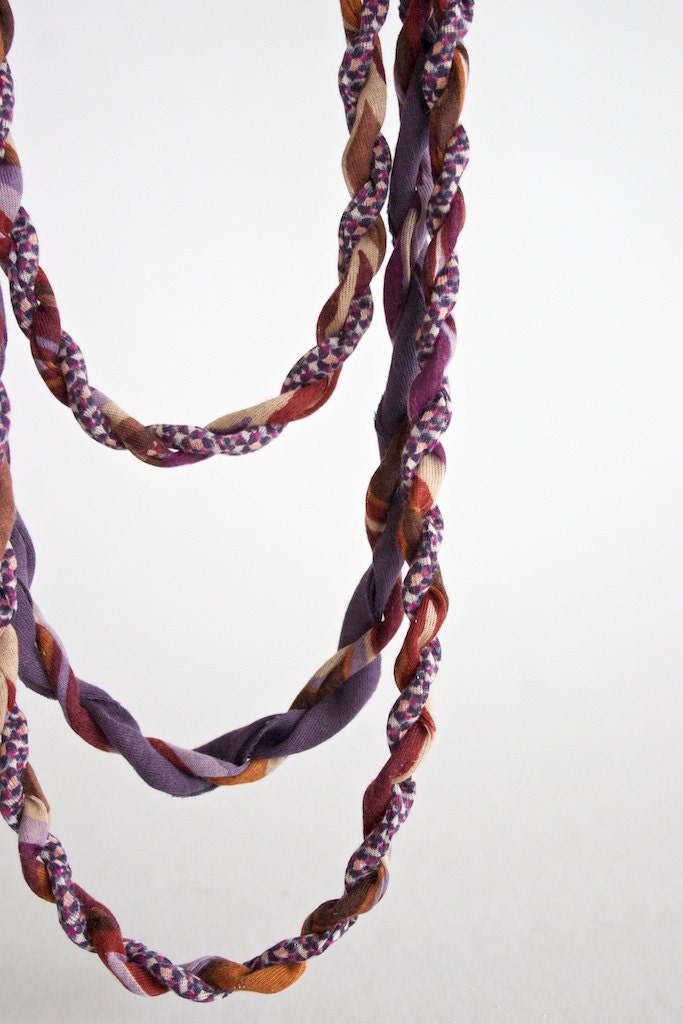 3 strands braided fabric necklace - purple and rust