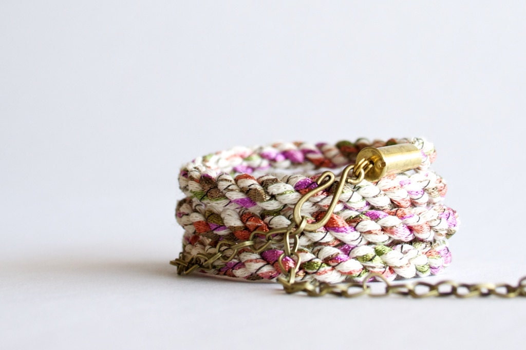 Braided wrap bracelet - muted textile brass multicolor