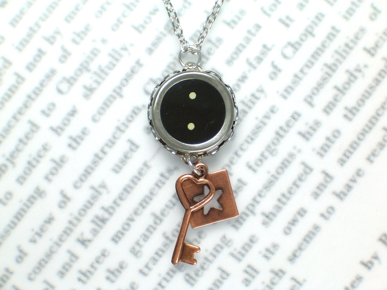 Typewriter Key Necklace With Copper Star and Key Charms Mixed Metals - Vintage Typewriter Jewelry By Haute Keys