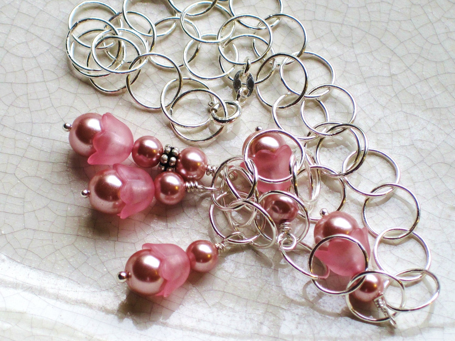 pink pearl and sterling silver bubble chain necklace - dainty, feminine, wedding, bridesmaids, flower girl, spring, summer