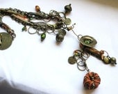 Boho Industrial Chic necklace - mixed metals mixed media charms fibers statement jewelry