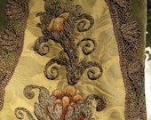 Fabulous Antique Chenille Metallic Embroidery French Velvet Bullion Fringe Silk Brocade Torchon Lace Coverlet  Textile
