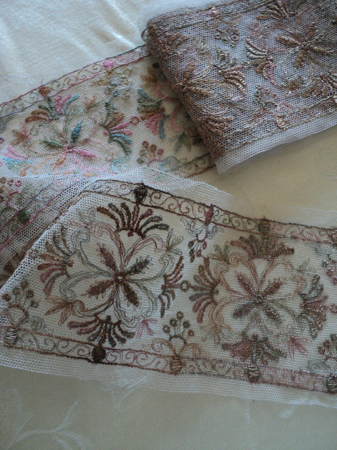 Lovely Antique Turn of the Century Silk Metallic Embroidered Net Trim Edwardian 1900-1910 French