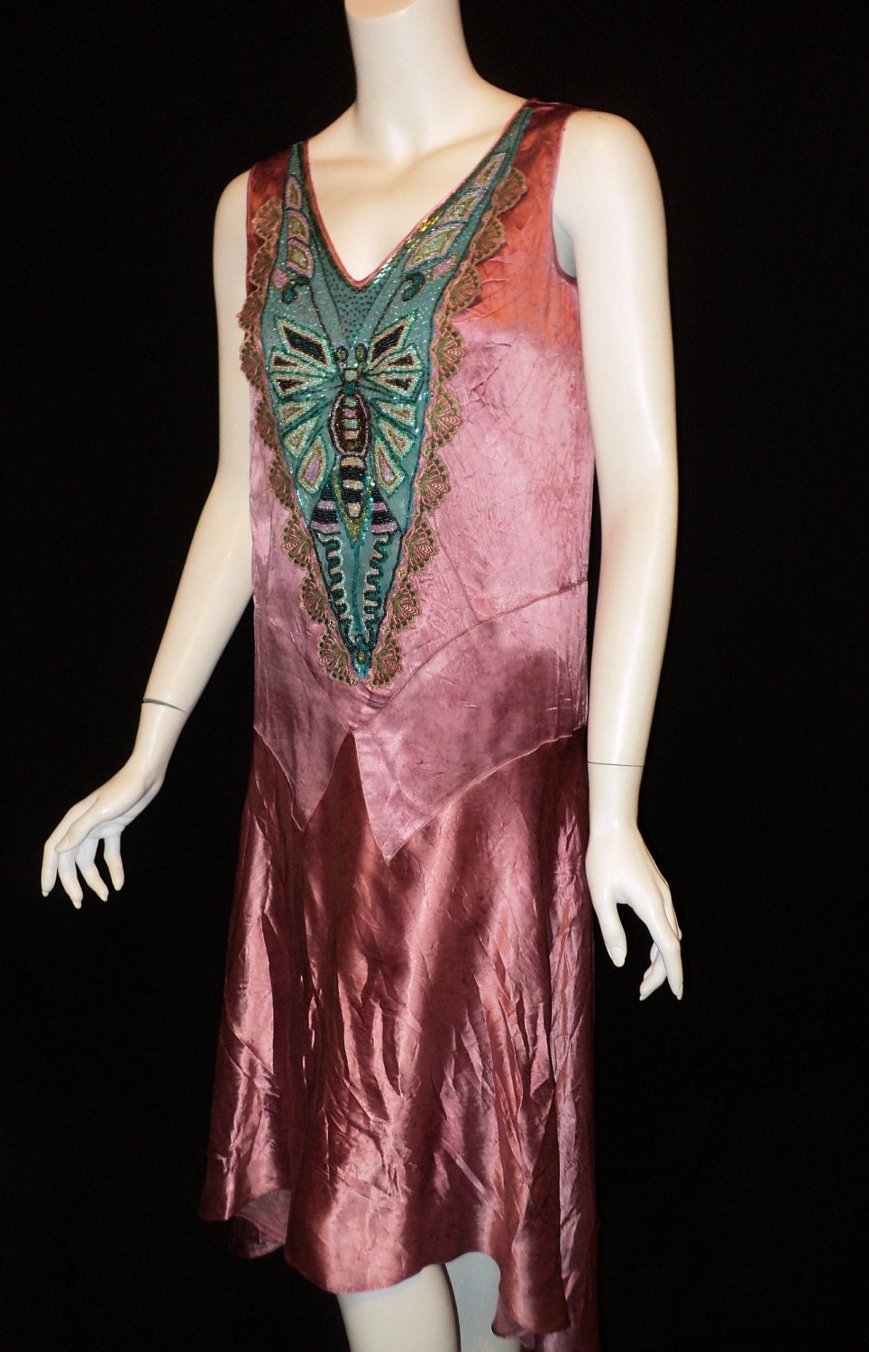 1920's dragonfly flapper party dress Bellasoiree Original design all antique trims and appliques