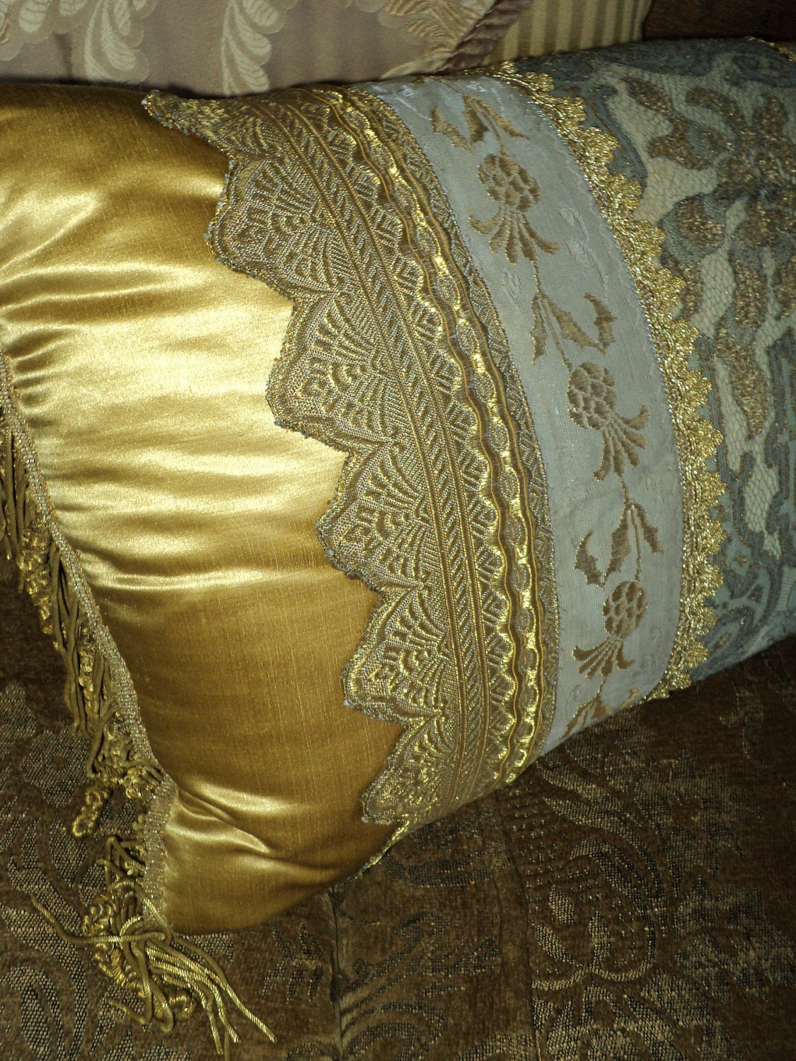 Antique Mix of Metallic Silk Lace Egyptian French Boudoir Pillow with 19th C caterpillar fringe bullion