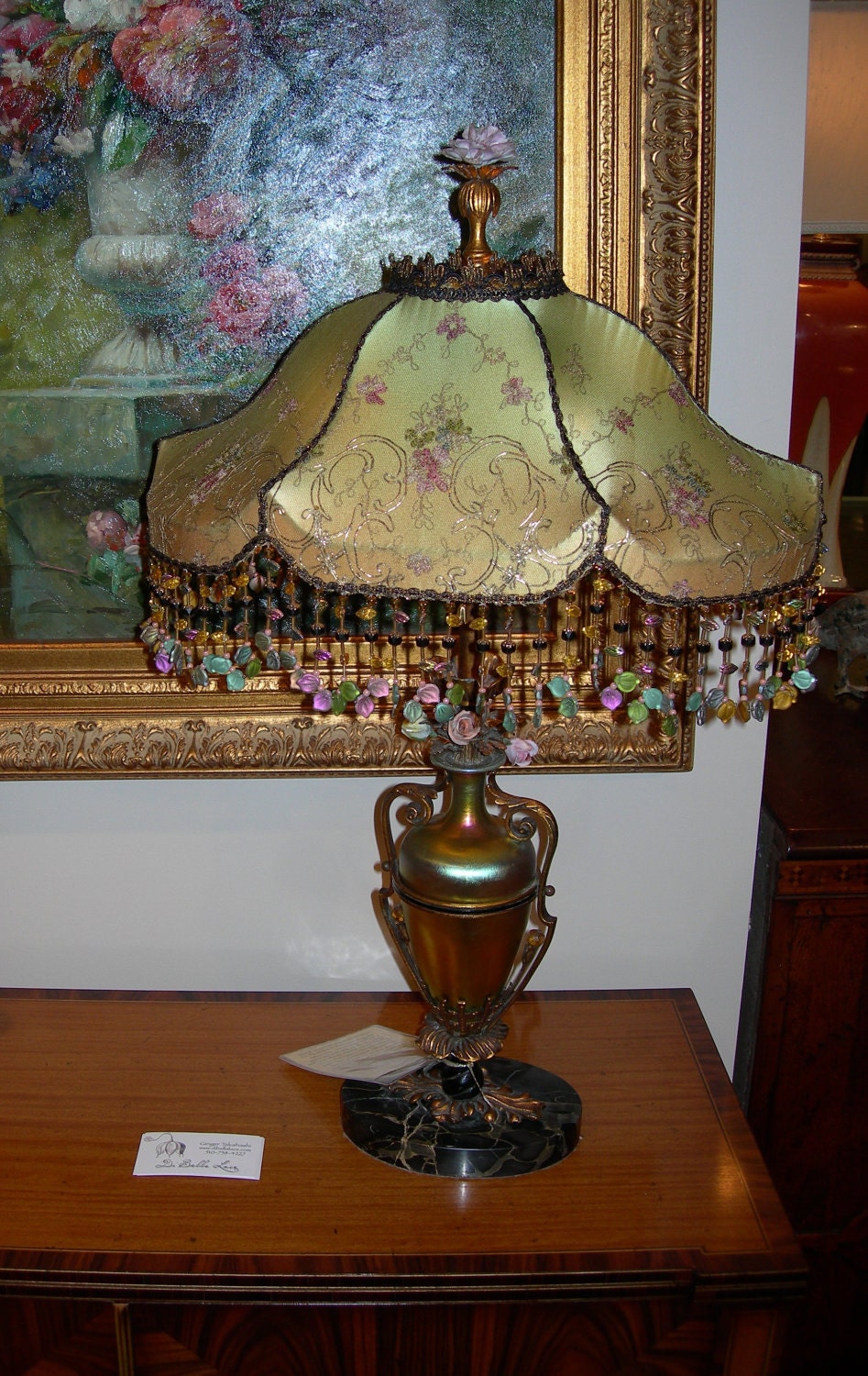 Original Antique Marble Ormulu Tole lamp by Steuben  Gold Aurene Vase Base with custom made metallic silk lampshade