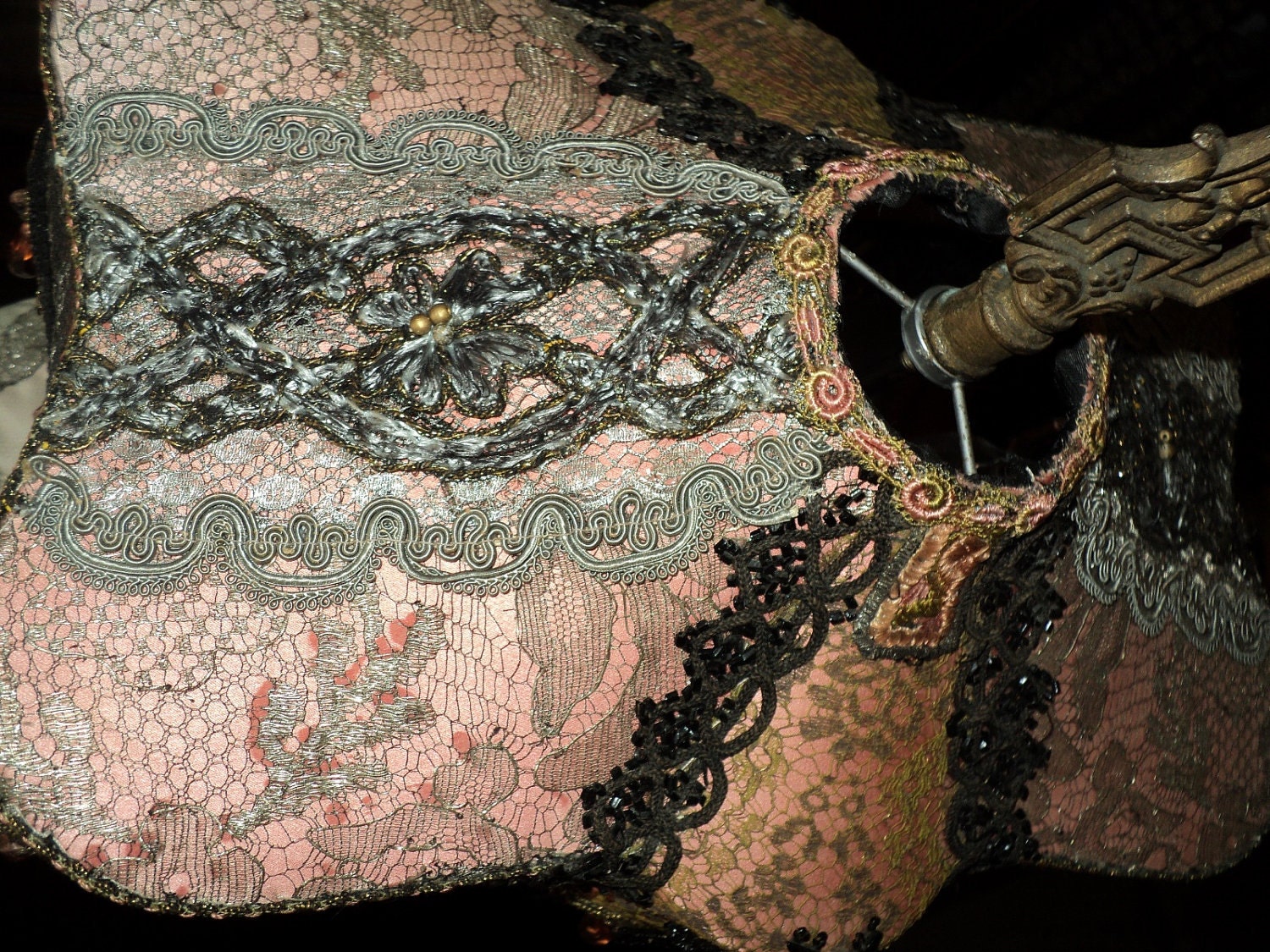Handmade Antique Beaded Lampshade 1920s metallic lace, Victorian, Gothic Candleabra Lamp