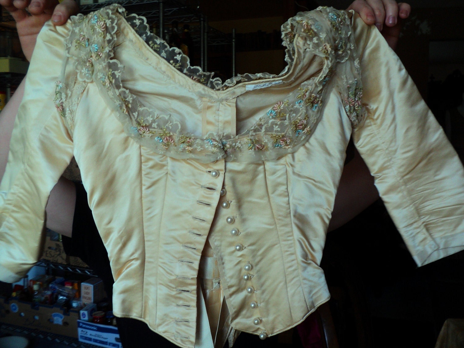 Museum Quality 19th C French Wedding Bodice with Stays Original Deacession Embroidered silk