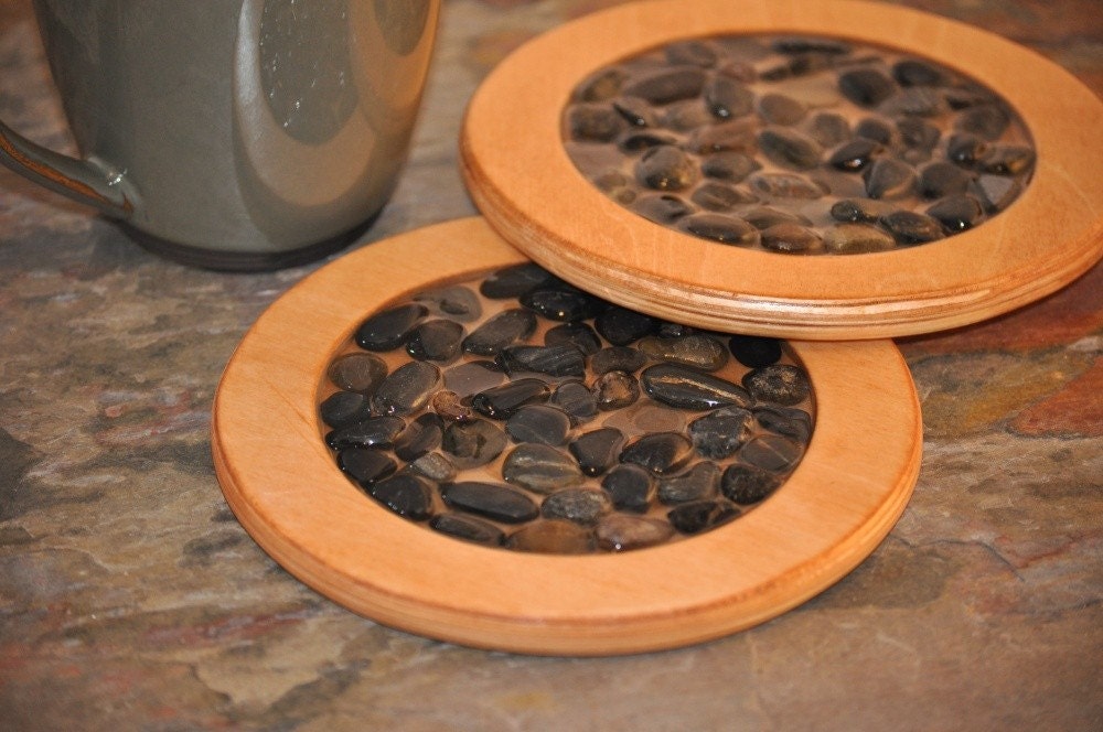 Wood Coaster Set with Inlaid Black Pebbles