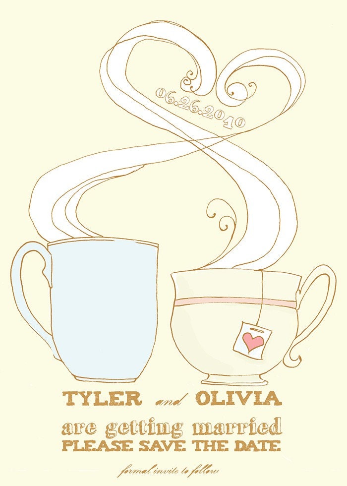 Coffee and Tea Save the Date postcards Illustrated. Modern and Unique. Hand Drawn.