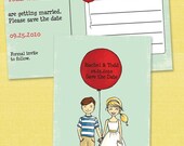 Balloon Save the Date Postcards. Unique Illustrated Retro Vintage Inspired . Hand Drawn.