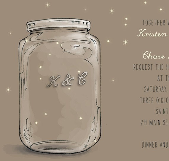 Mason Jar Fire Fly Wedding Invitation. Hand Drawn.Illustrated. Rustic. Sample Set.