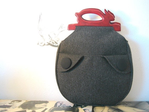 Charcoal Black and Apple Red Wooden Handle Handbag READY TO SHIP