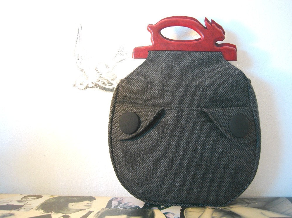 Charcoal Black and Apple Red Wooden Handle Handbag READY TO SHIP