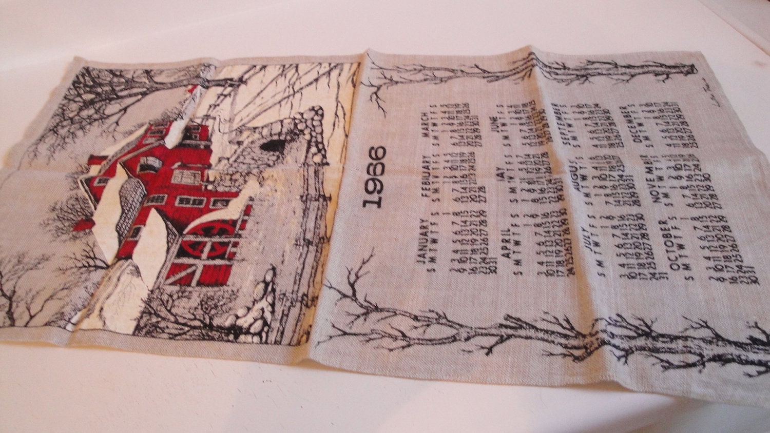 Vintage 1966 Calendar Towel Linen Luther Travis Red Farm House