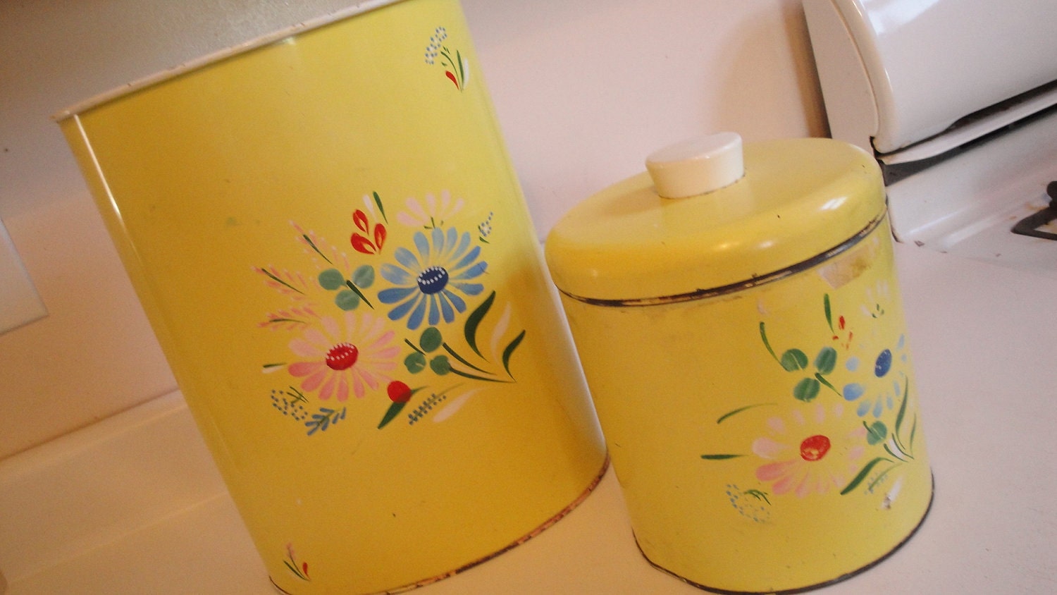 1950s Ransburg Trash Can Canister Yellow Flower Vintage