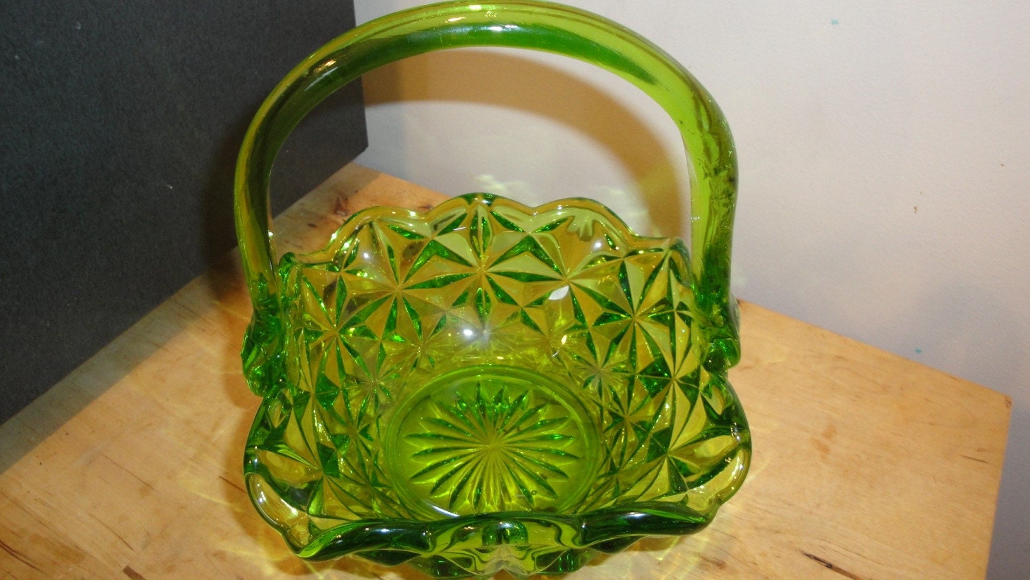 Vintage Green Glass Basket Candy Dish Diamond by CraftySara