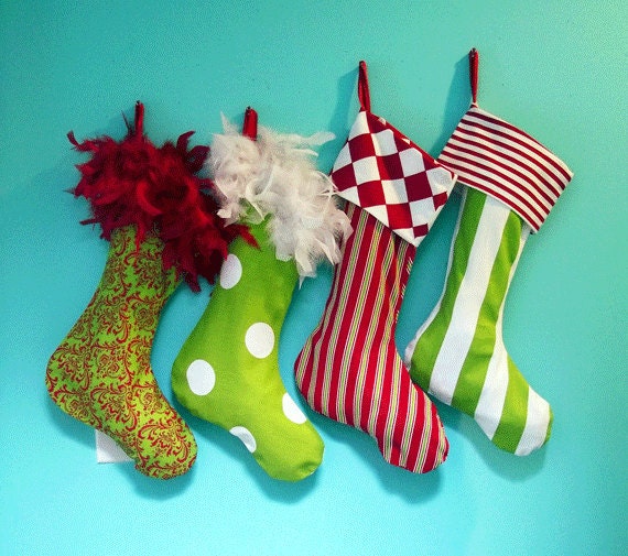 2 Custom Christmas Stockings Old School Collection Boa Tops and Cuffs, DIY Bold Bright Fun Funky Retro Vintage Mid Century Modern
