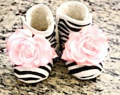 Boutique Zebra Baby Girl Booties Little Girls Shoes Ballet Pink flower Non Skid Newborn Infant- Children - Baby Shower Gift