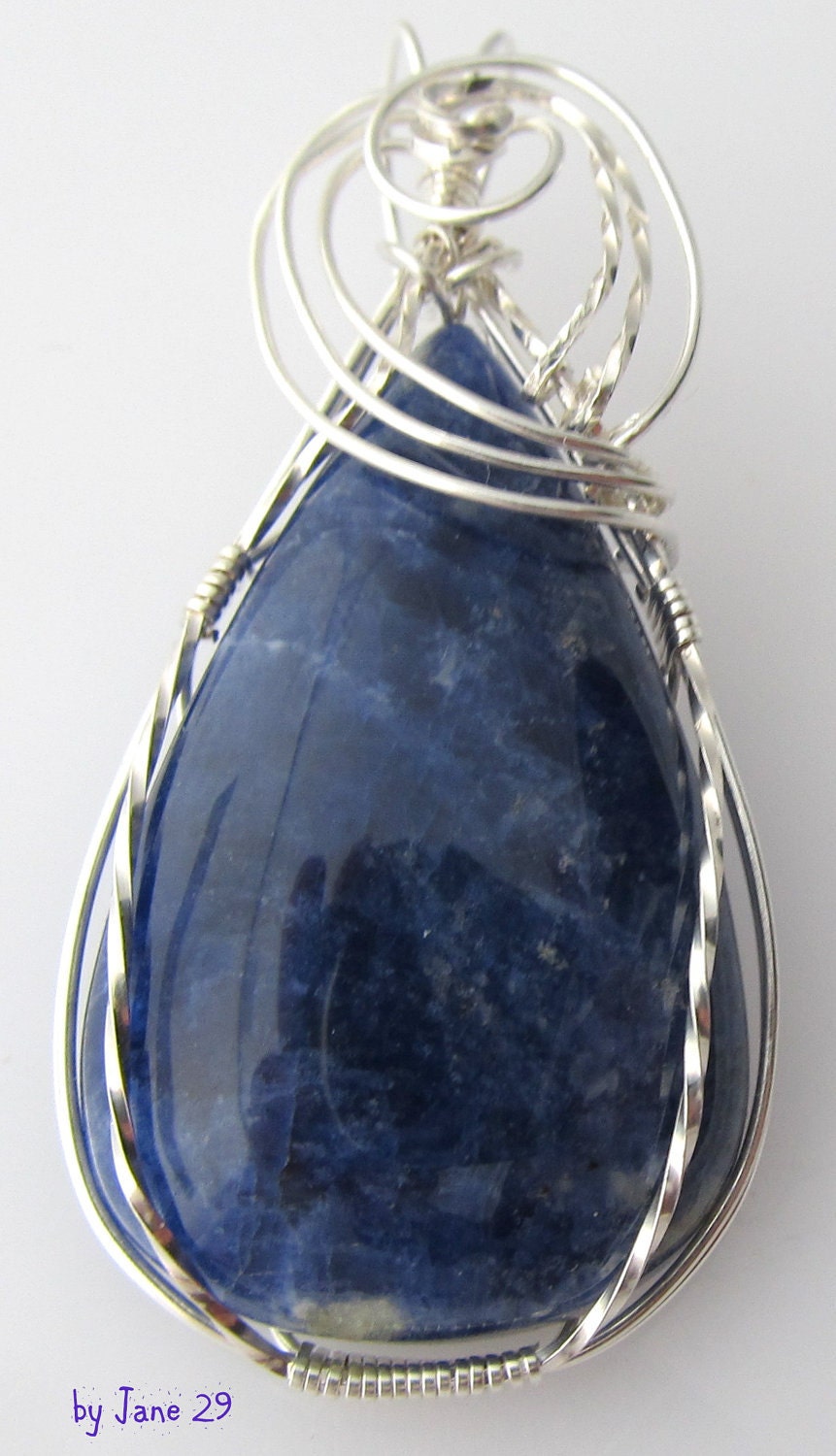 Teardrop Sodalite Cabochon Wirewrapped in Silver Wire Pendant