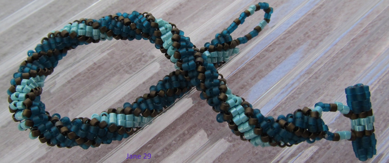 7 1/4 inch Teal Sea Blue and Flat Bronze Russian Spiral Beadweave Bracelet