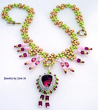 Gold and Green Beadweave with Pink Crystals Necklace