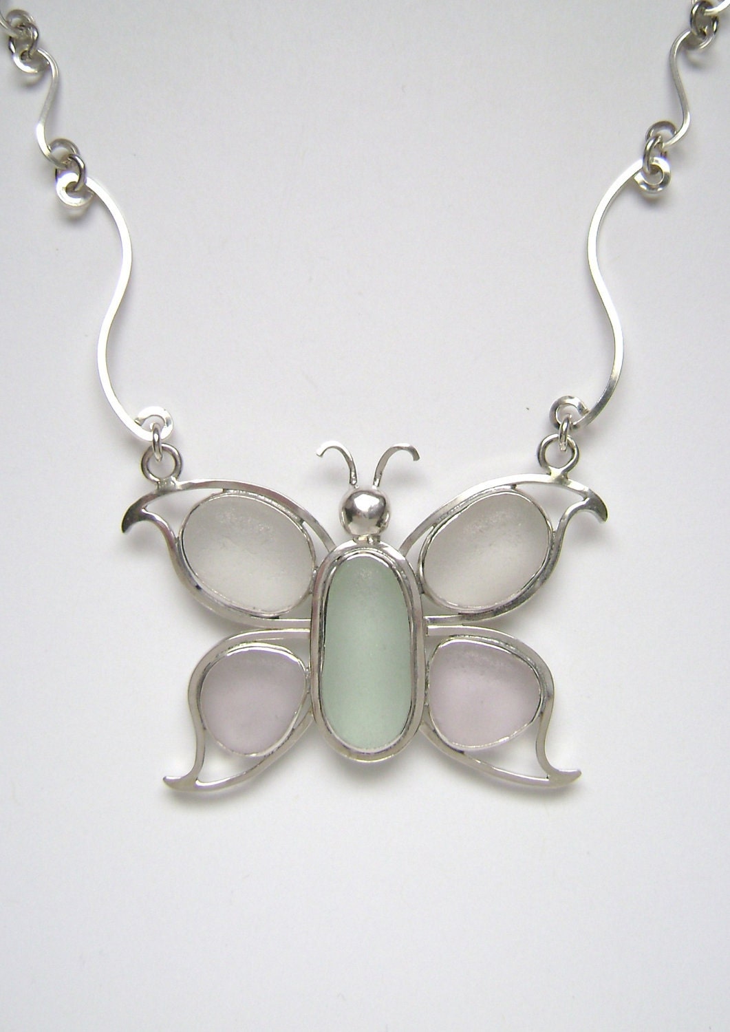 Sea Glass Jewelry - Sterling Sea Glass Butterfly Necklace