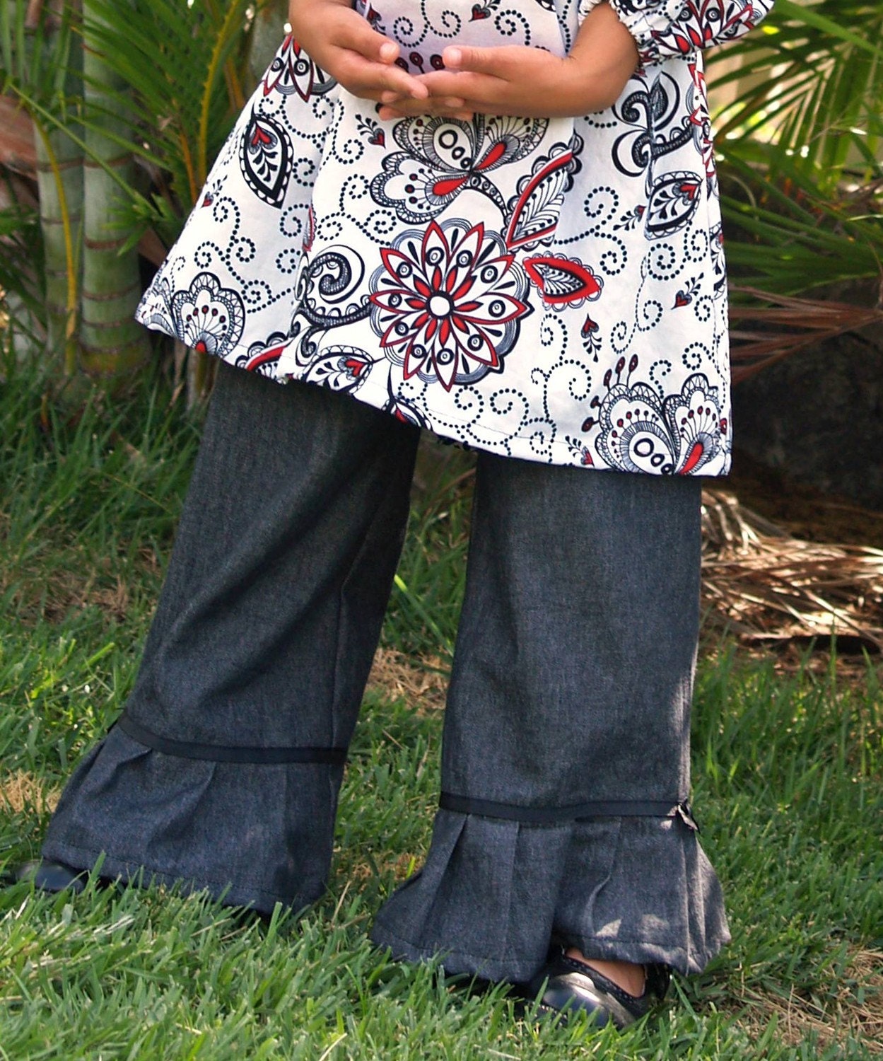 Girls Boutique Washed Black Denim Ruffle Pants Ribbon Trim Baby Toddler 6 mo 12 mo 2T 3T 4T 5T 6 7 8 9 10