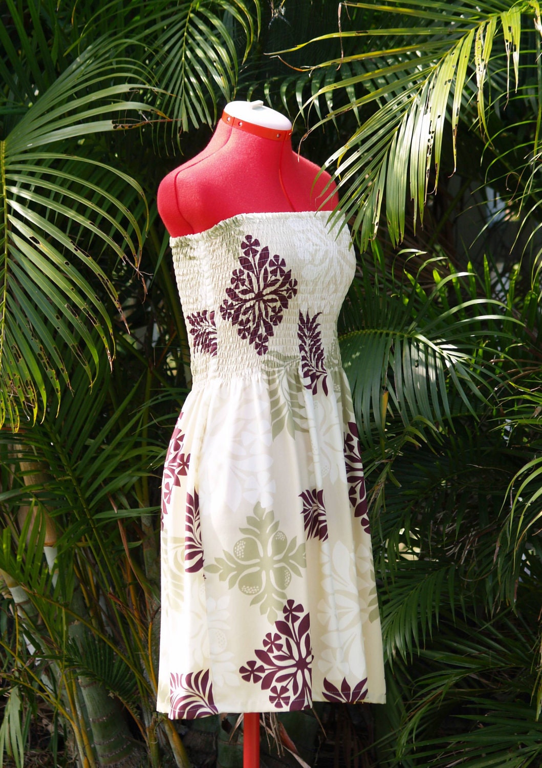 Handmade Hawaiian Strapless Summer Dress Plum Cream Tapa XS, Sm, Med, Lg