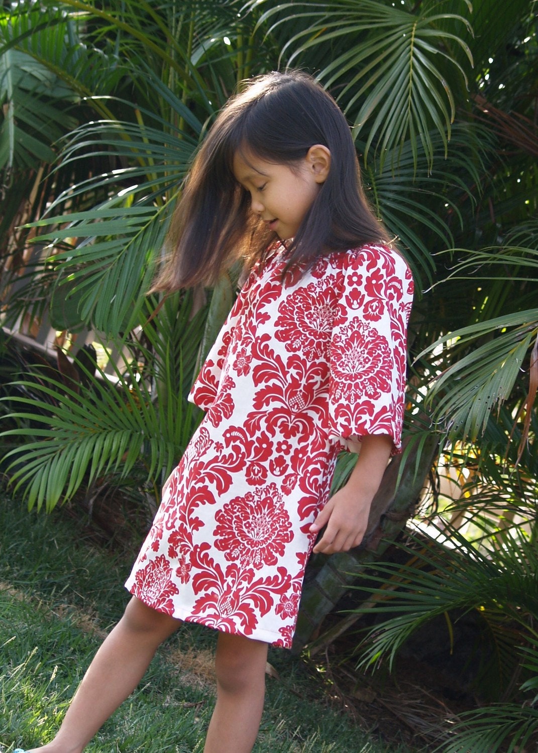 Girls Red White Damask Dress Tunic Peppermint Handmade 6mos to 12
