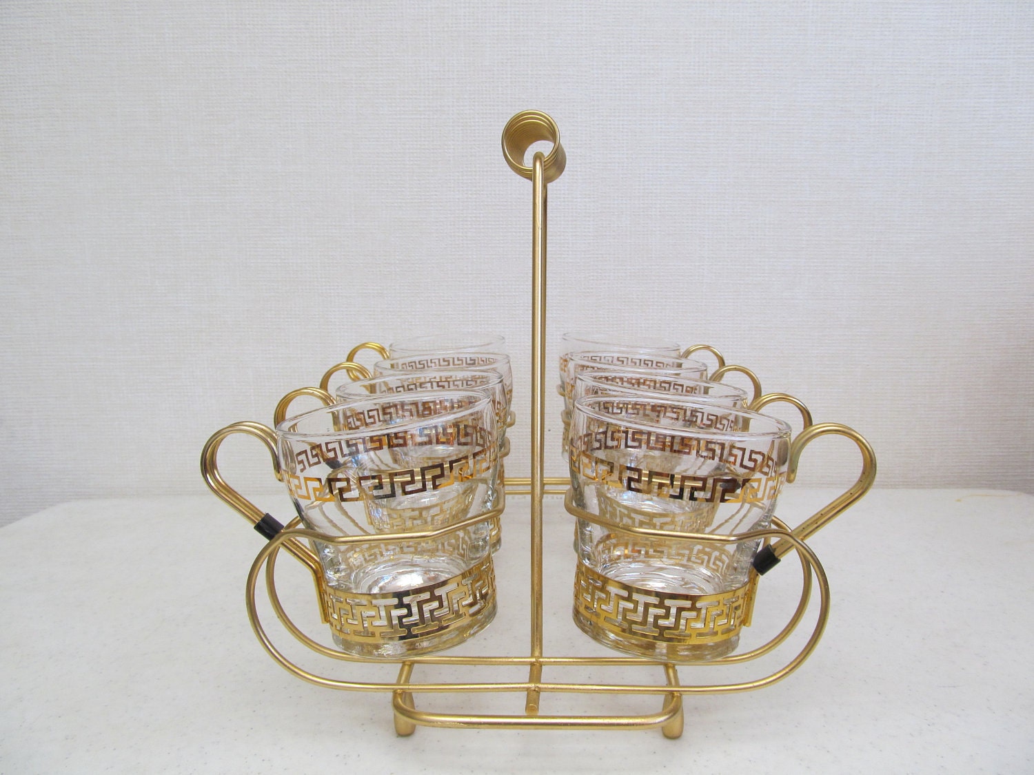 Vintage Mid Century Libbeys Greek Key Continental Cup Set and Caddy