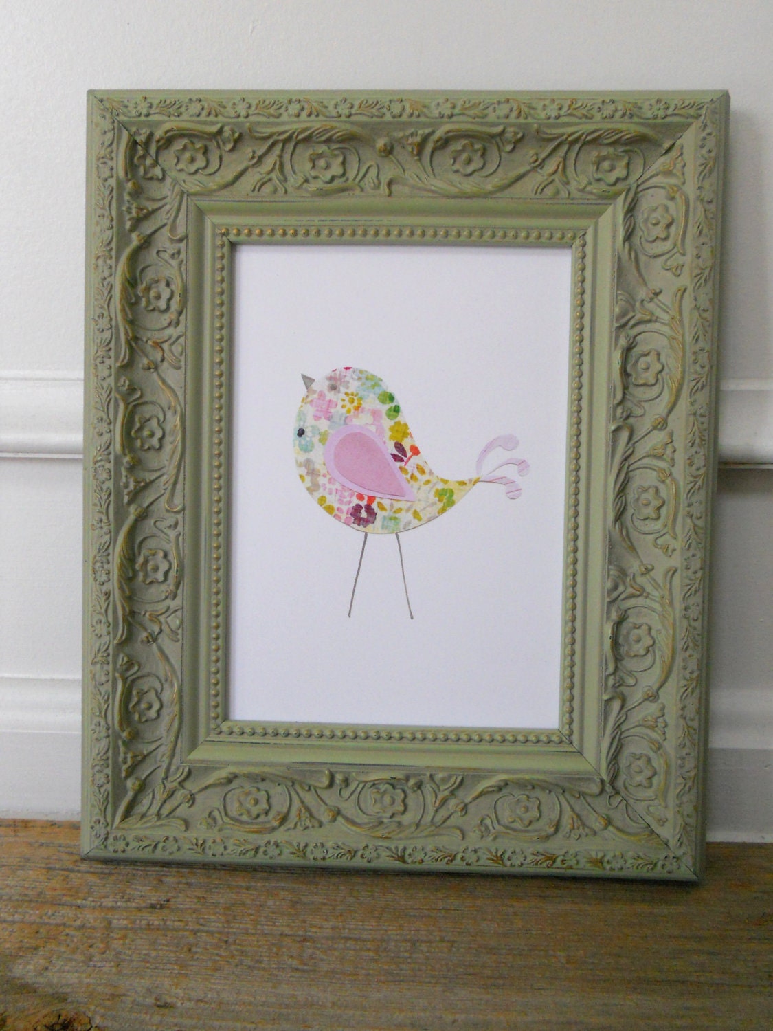 chic floral and pink  bird, 5x7 print, mixed media poster wall art