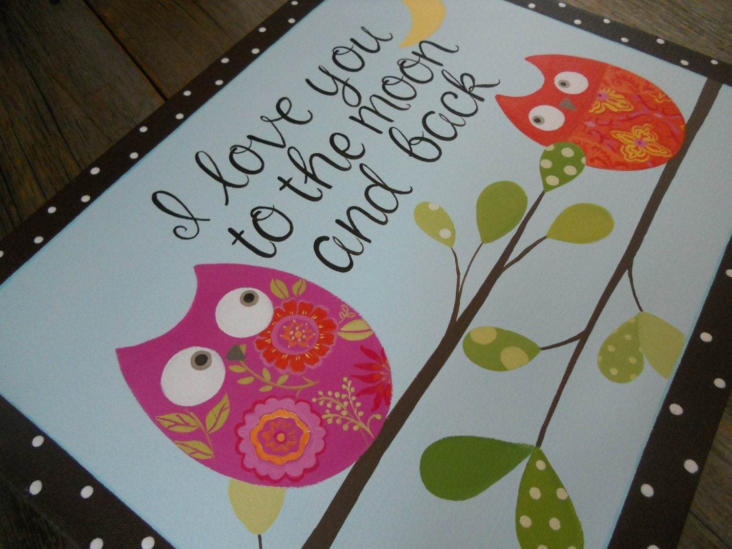 love you to the moon, posh large damask owl, hand painted 16x20 stretched canvas