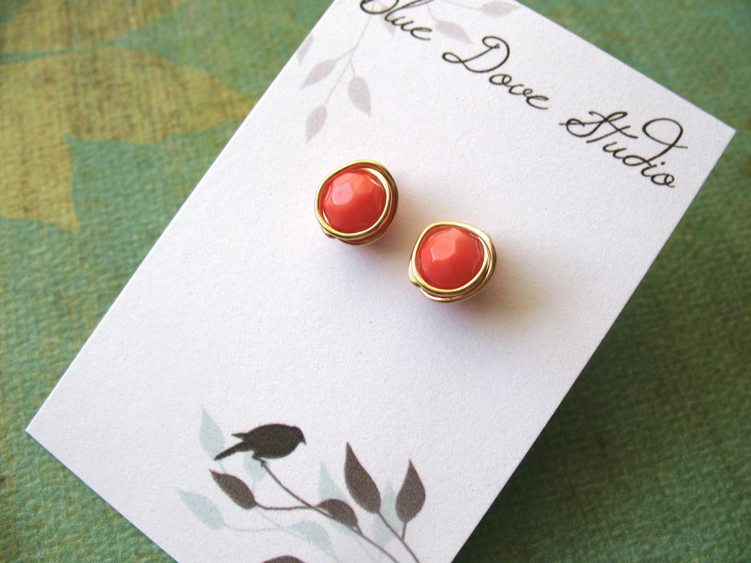 Post Earrings, Pink Coral Earrings, Coral Wire Wrapped Earrings, Gold Filled Studs, Everyday Modern Jewelry