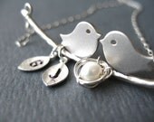 Family Initial Necklace, Family Necklace,Nest Eggs Love Birds Couple Initials Kids, Personalized Mothers Necklace Jewelry, Baby Shower Gift