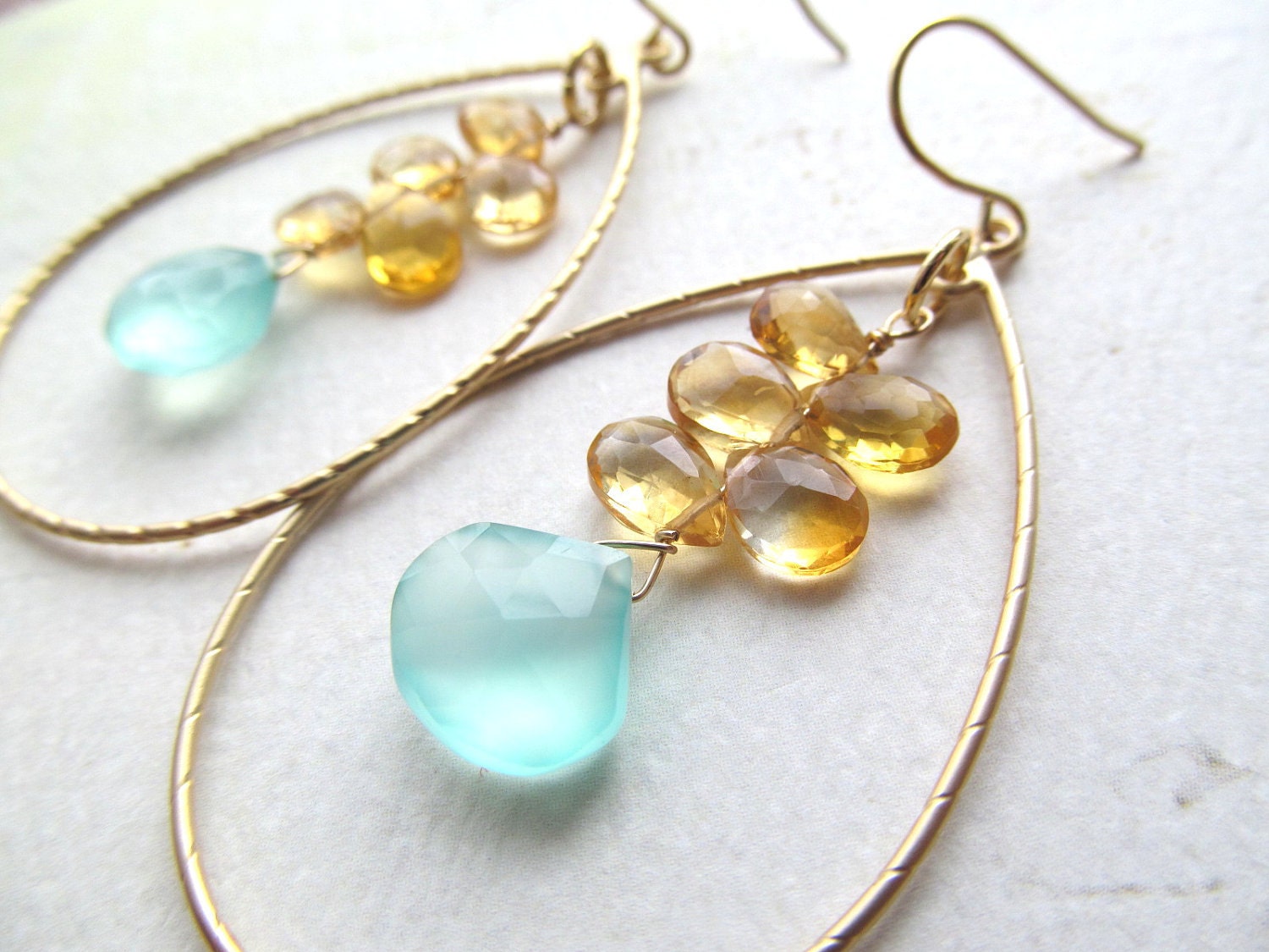 Beach Wedding Earrings. Aqua Chalcedony and Citrine Gemstone Gold Hoops "Beach Day" Bridal Jewelry Bridesmaids Maid of Honor Gift