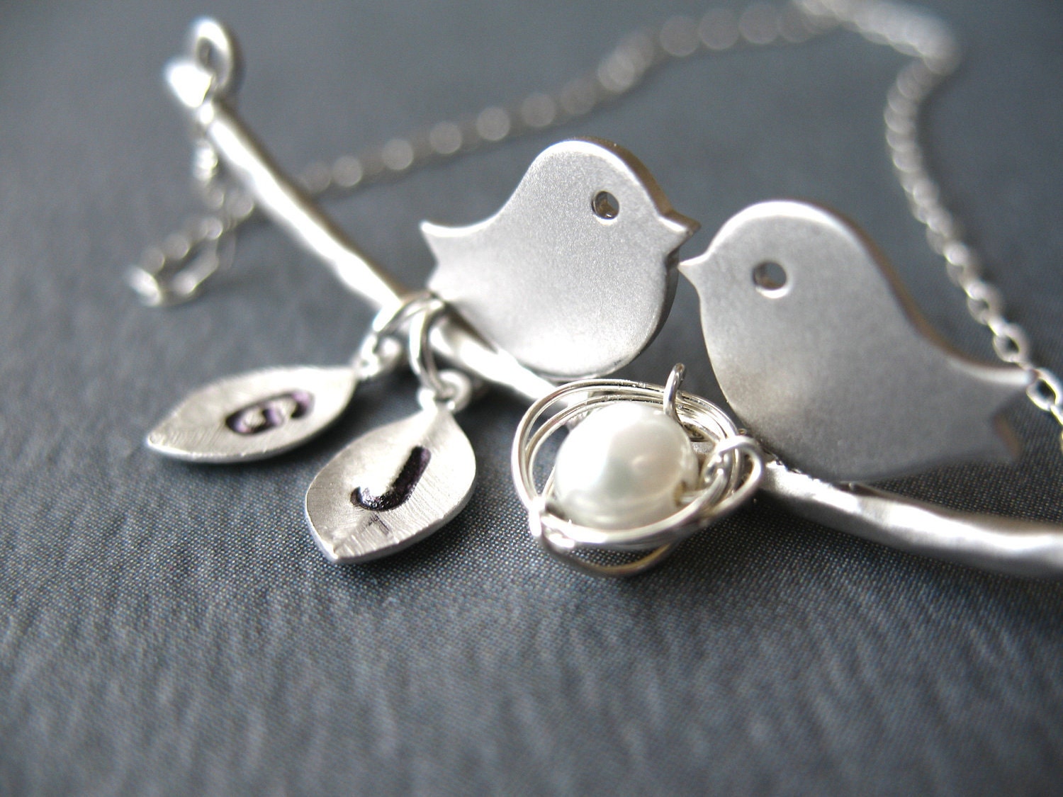 Mothers Jewelry - LOVE BIRDS and KIDS Necklace Personalized Family Custom Initials Eggs Baby Bird Nest Anniversary Mothers Mom