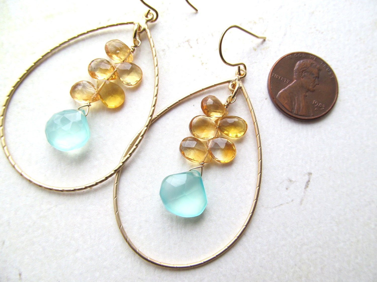 Beach Wedding Earrings. Aqua Chalcedony and Citrine Gemstone Gold Hoops "Beach Day" Bridal Jewelry Bridesmaids Maid of Honor Gift
