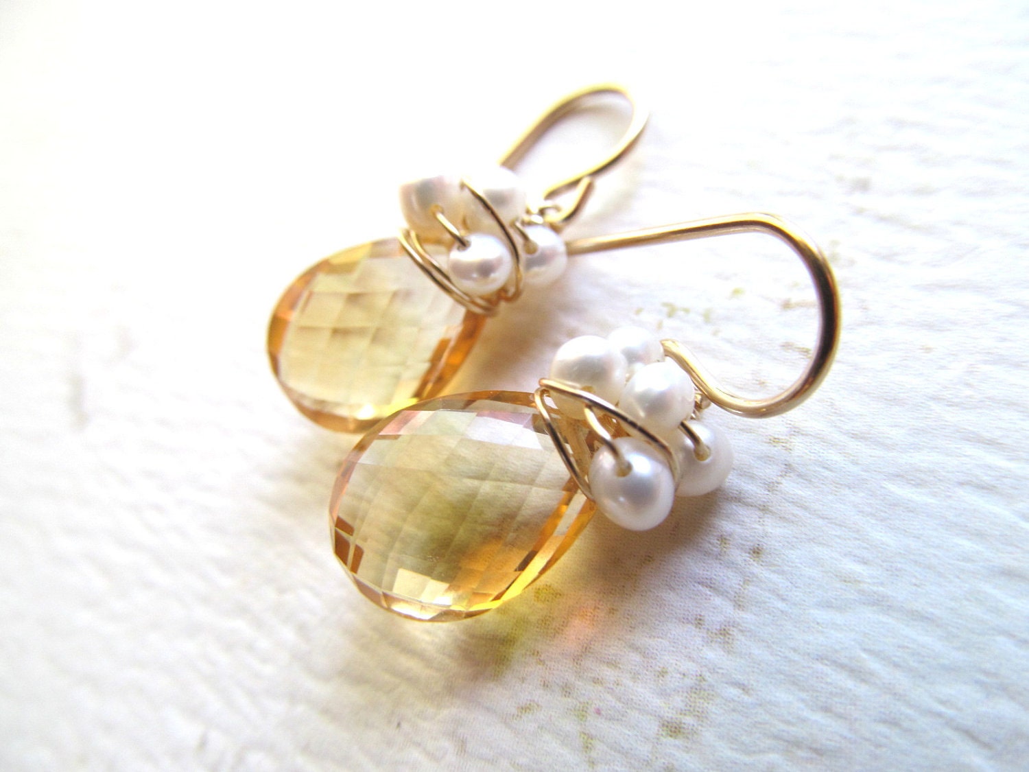 Genuine Citrine Freshwater Pearls Wire Wrapped Gold Filled Earrings, Bridal Maid of Honor, Wedding, Mother Bride Jewelry, Bridesmaids Gifts