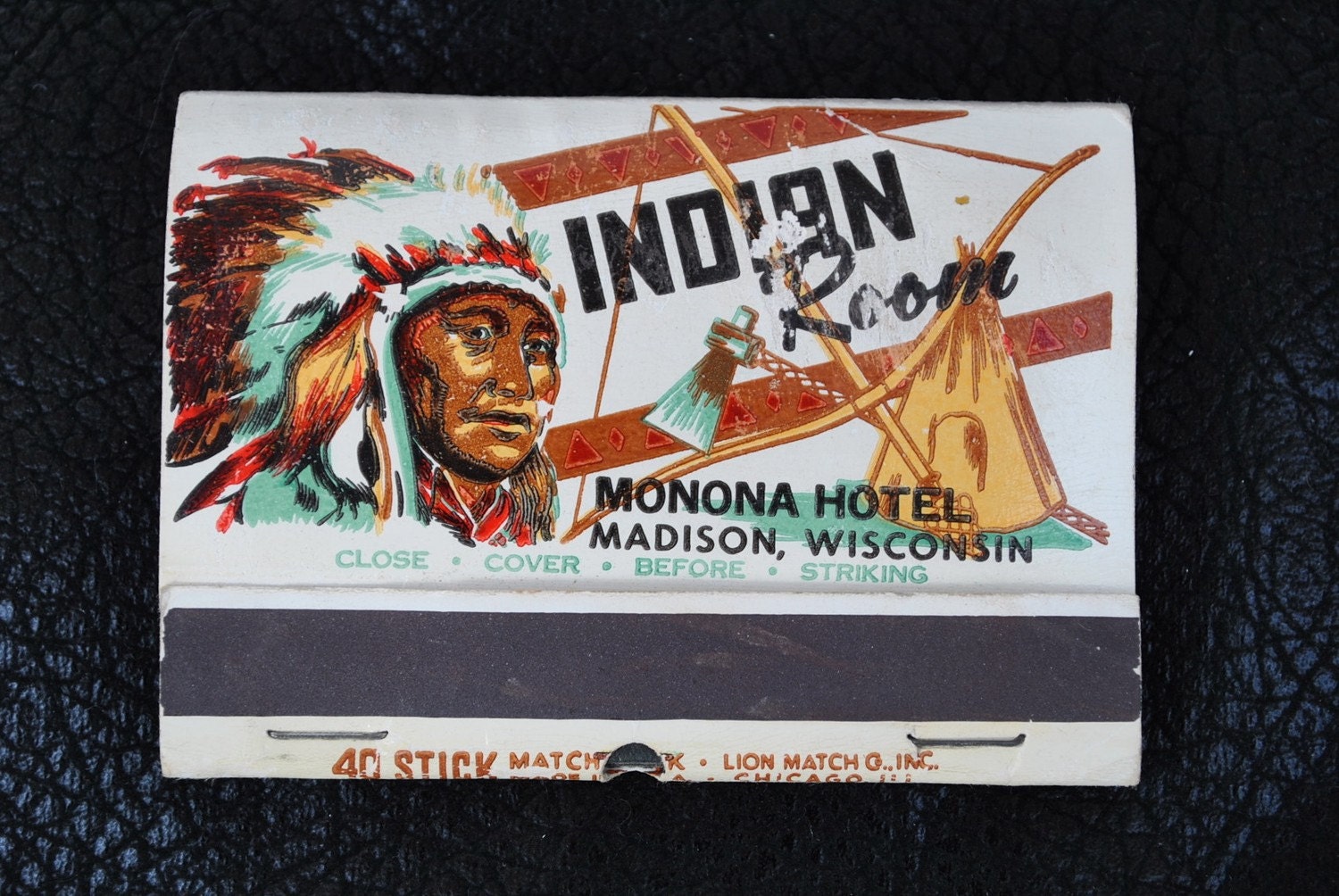 Vintage matches Madison WI souvenir Indian Room Monona Hotel great graphics