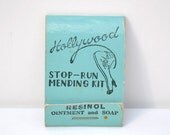 Vintage 1930s hosiery mending kit Hollywood legs stop run with Resinol advertising