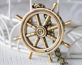 Large Brass Ship Wheel Pendant Necklace