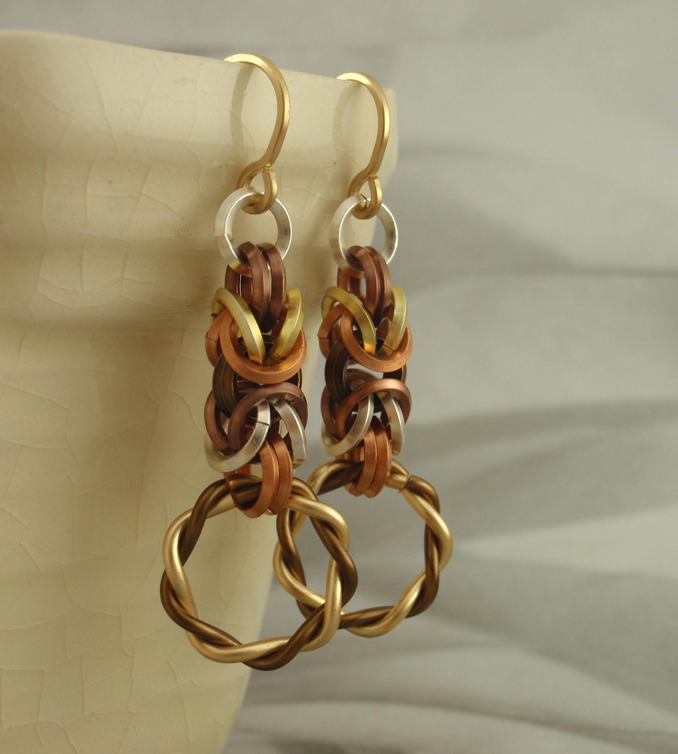 Earring Kit - Square Mixed Metals Byzantine Chainmaille - Unique Non Tarnish On Edge Rings