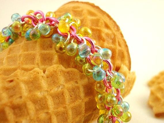 Spring SALE - Shaggy EYE CANDY Beaded Bracelet Kit - Pink, Blue and Yellow - Colorful Easter Chainmaille - Beginners or More Advanced