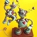 Robot Pull Toy - Father and Child with Balloon - Rustic Pale Blue Silver - Clay, Wire, Wood, Paint