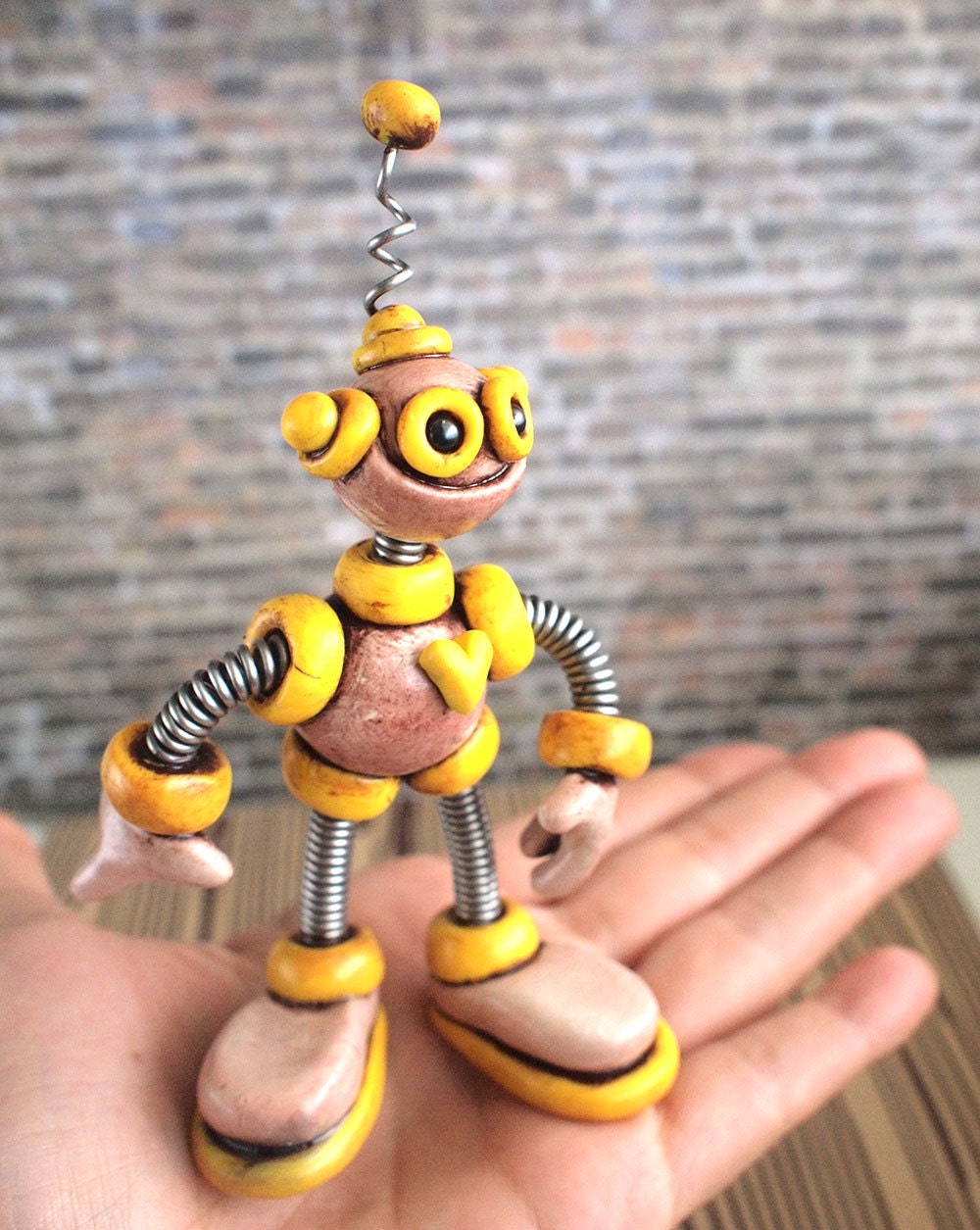 Yellow Yars Grungy Bot - Steals Candy - Mini Robot Sculpture - Clay, Paint, Wire