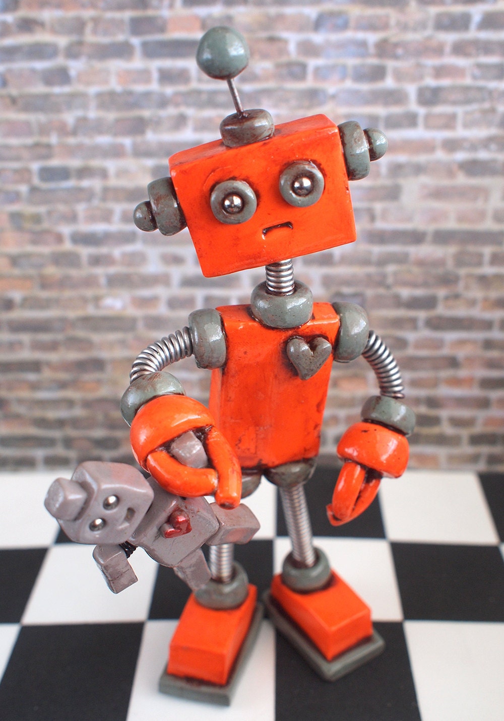 Robot Sculpture Orange Olie Rustic Bot with Robot Doll MADE TO ORDER - Clay, Wire, Paint