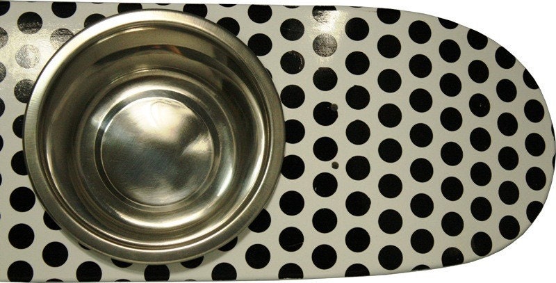 Raised Pet Feeder - Painted Skate Deck - Gift For Pet Lover - Dog - Cat - Gift Ideas - White Polka Dot Skate Pet Feeder